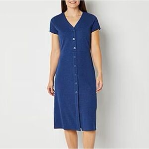 Liz Claiborne Full Button Midi Shirt Dress V-Neck Lagenlook Blue Plus 1X NWT